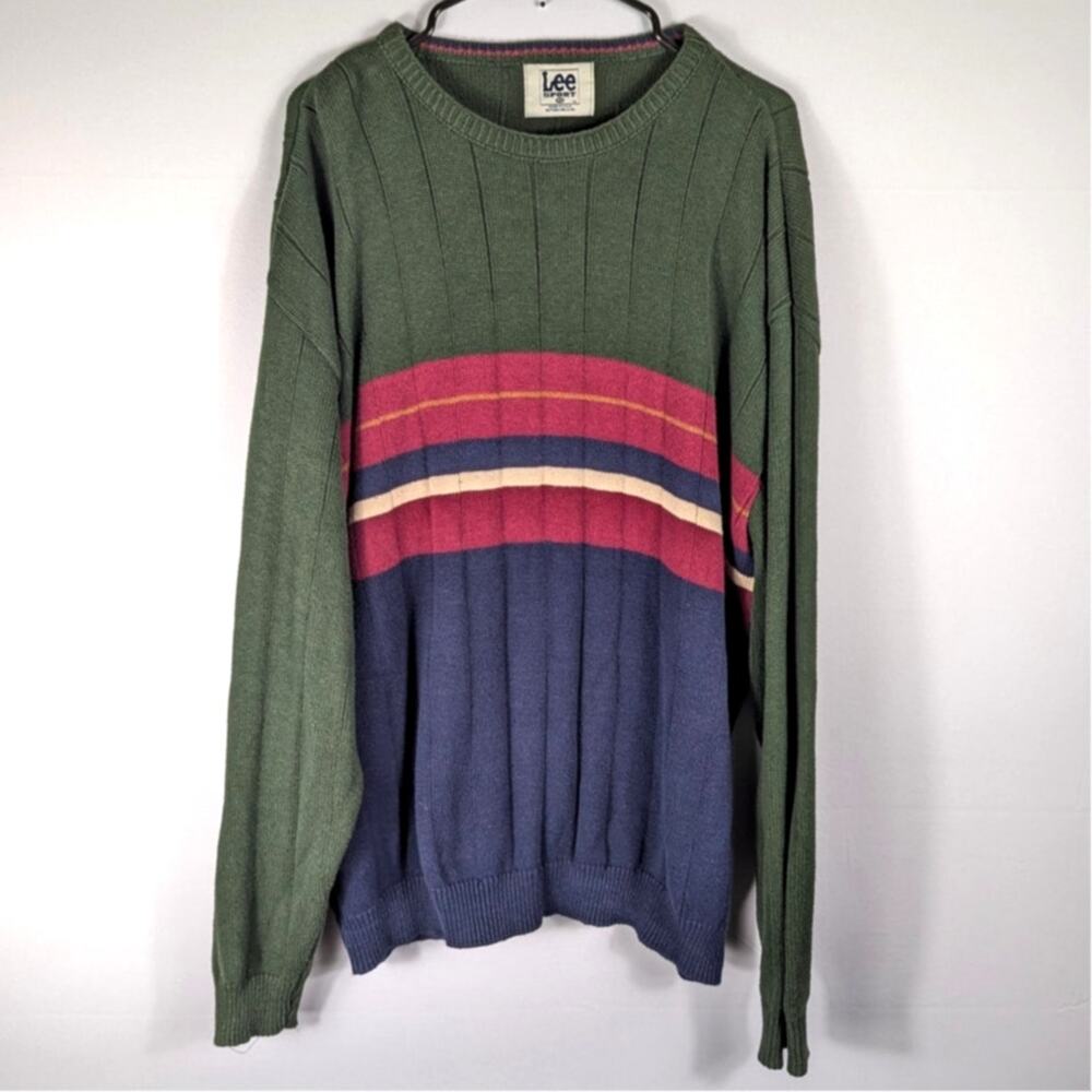 Lee Sport XL USA Made Cotton Sweater Green Multicolor Stripe 90s Vintage Knit